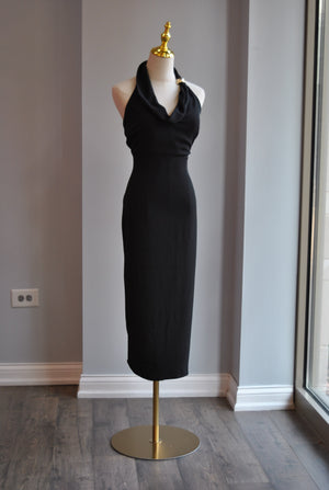 SIMPLE MIDI BLACK DRESS WITH HALTER NECK
