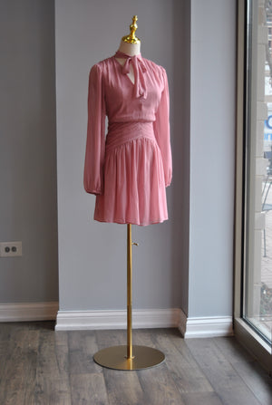 ROSE PIBK MINI SPRING DRESS WITH TIE NECK