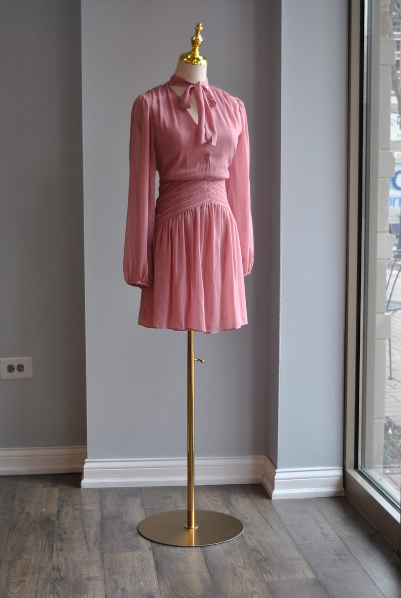 ROSE PIBK MINI SPRING DRESS WITH TIE NECK
