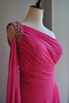 HOT PINK ASYMMETRIC EVENING GOWN WITH CRYSTALS