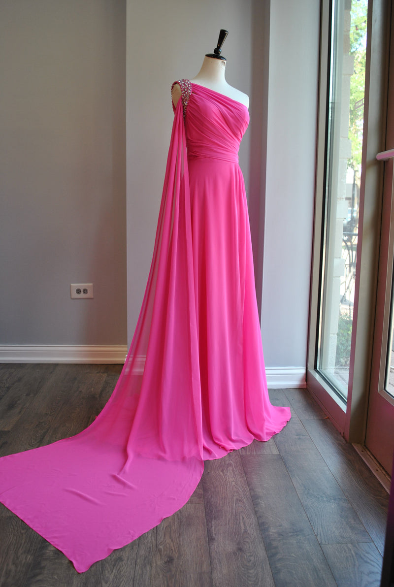 HOT PINK ASYMMETRIC EVENING GOWN WITH CRYSTALS