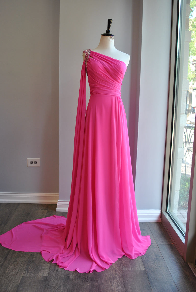 HOT PINK ASYMMETRIC EVENING GOWN WITH CRYSTALS