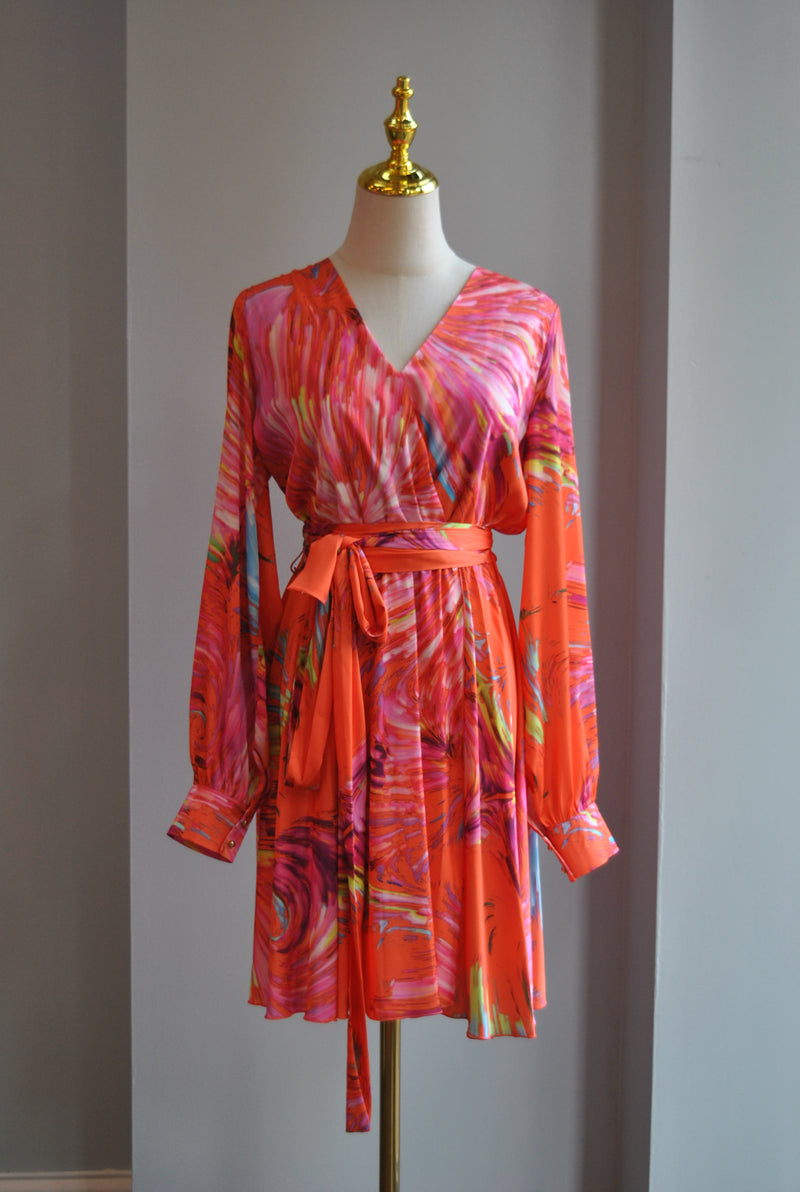 ORANGE SILKY MINI FIT AND FLAIR DRESS WITH A BELT