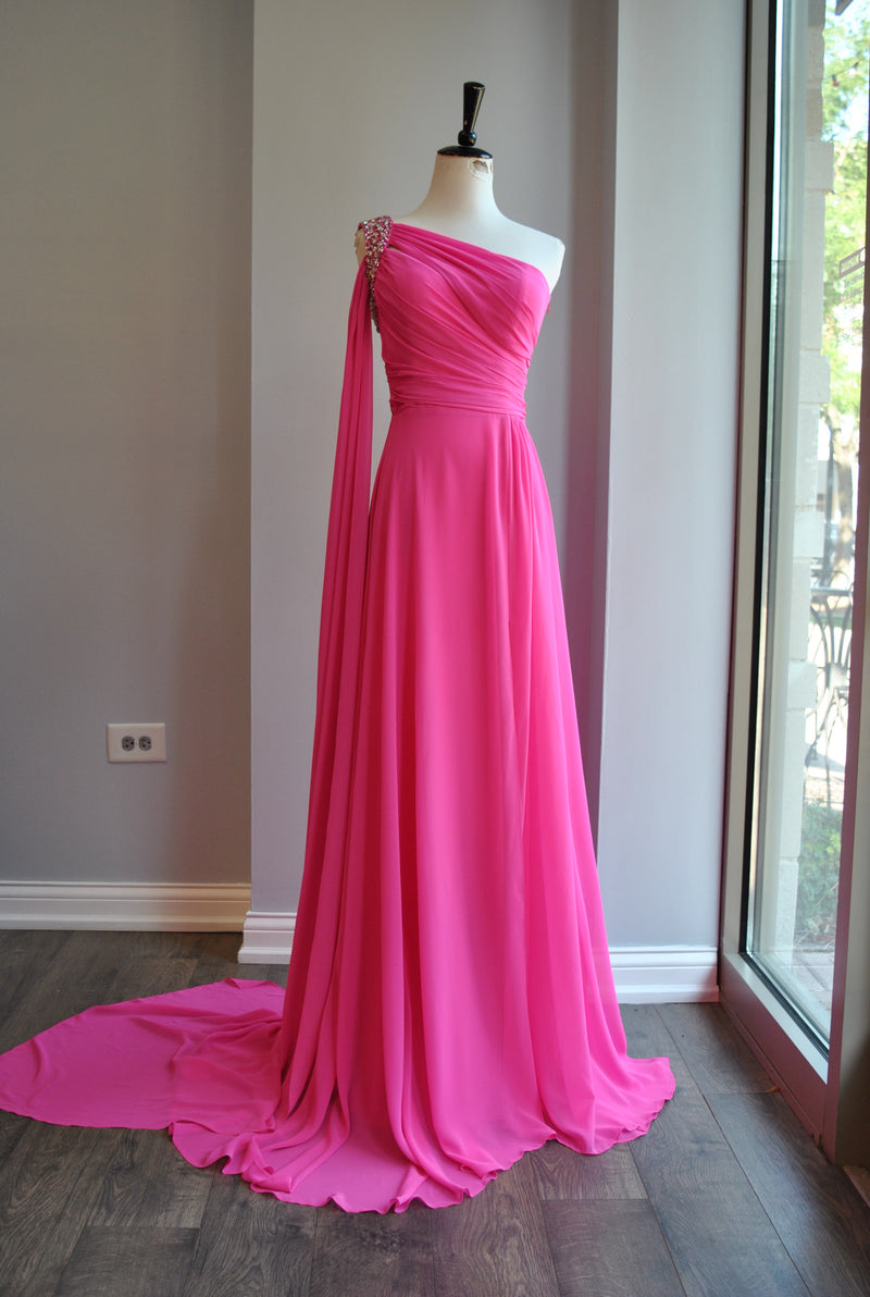 HOT PINK ASYMMETRIC EVENING GOWN WITH CRYSTALS