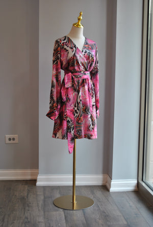 FUCHSIA MULTI SILKY MINI FIT AND FLAIR DRESS WITH A BELT