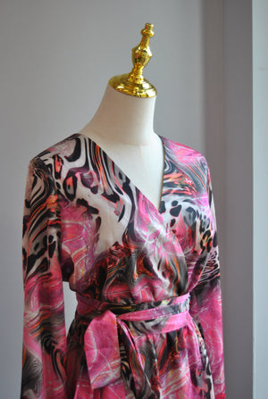 FUCHSIA MULTI SILKY MINI FIT AND FLAIR DRESS WITH A BELT