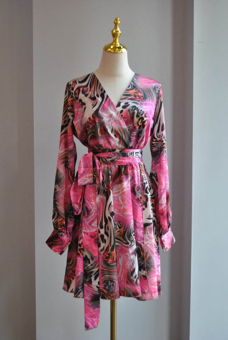 FUCHSIA MULTI SILKY MINI FIT AND FLAIR DRESS WITH A BELT