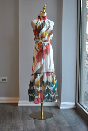 CLEARANCE - GREEN AND CORAL MULTI MAXI SUMMER DRESS