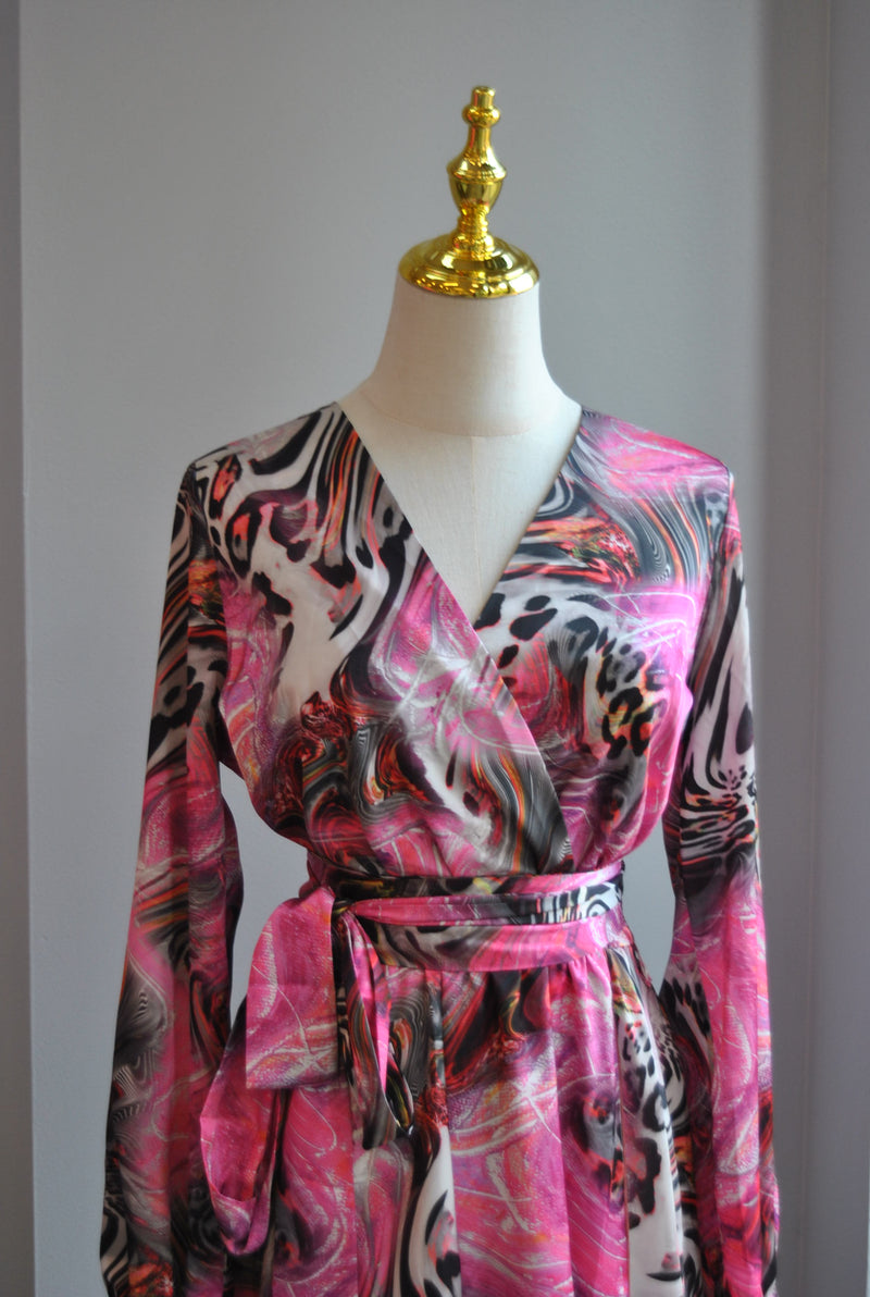 FUCHSIA MULTI SILKY MINI FIT AND FLAIR DRESS WITH A BELT