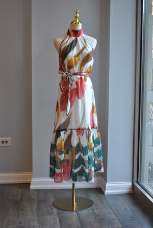 CLEARANCE - GREEN AND CORAL MULTI MAXI SUMMER DRESS