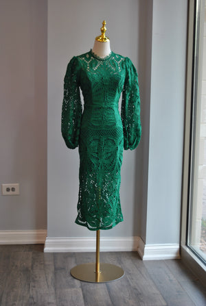 EMERALD GREEN MIDI LACE DRESS