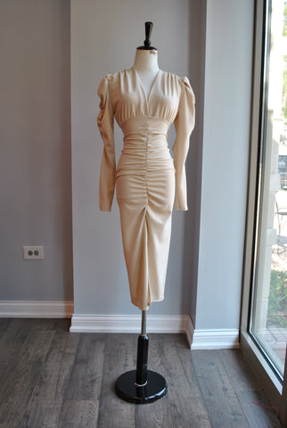 LIGHT GOLD MIDI PARTY DRESS WITH A BELT