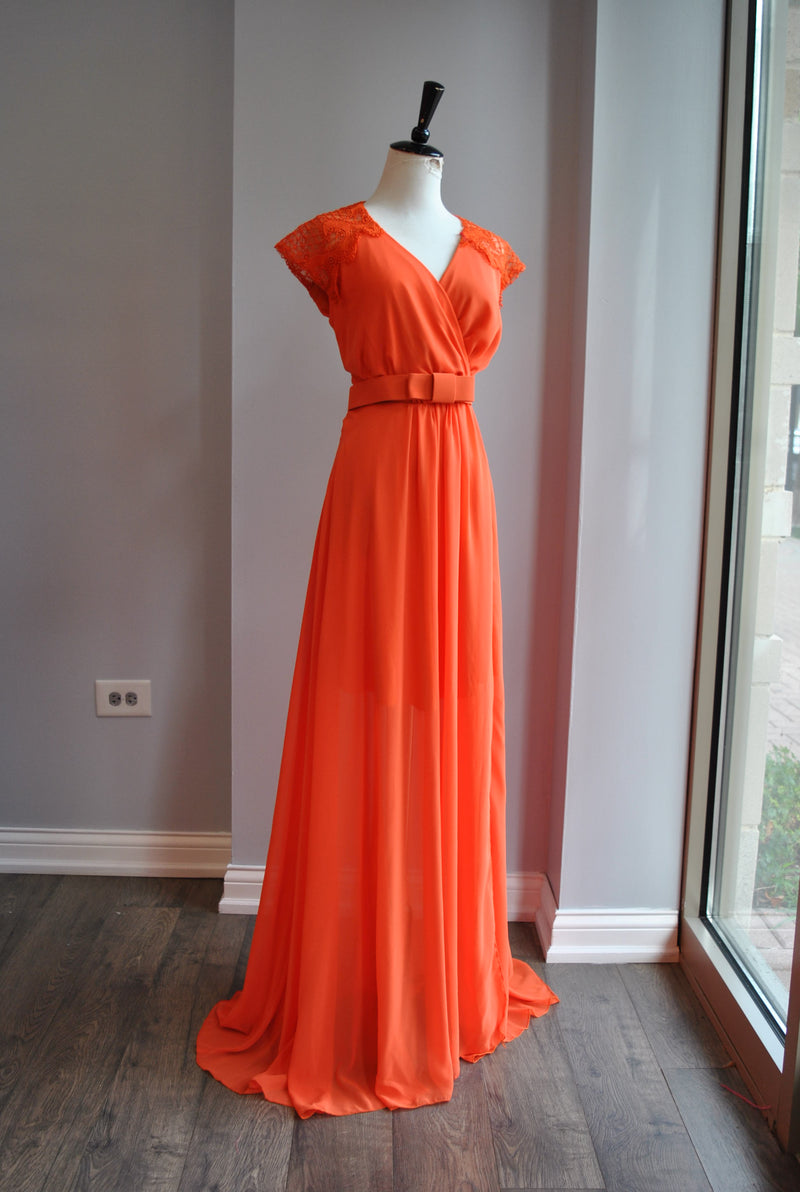 CLEARANCE - ORANGE SUMMER MAXI DRESS WITH LACE SLEEVES AND A BELT Le Obsession Boutique CLEARANCE - ORANGE SUMMER MAXI DRESS WITH LACE SLEEVES AND A BELT Le Obsession Boutique