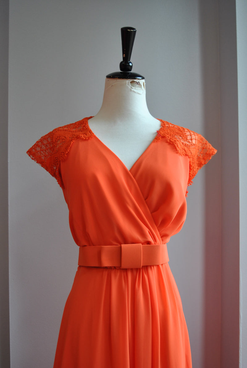 CLEARANCE - ORANGE SUMMER MAXI DRESS WITH LACE SLEEVES AND A BELT Le Obsession Boutique CLEARANCE - ORANGE SUMMER MAXI DRESS WITH LACE SLEEVES AND A BELT Le Obsession Boutique