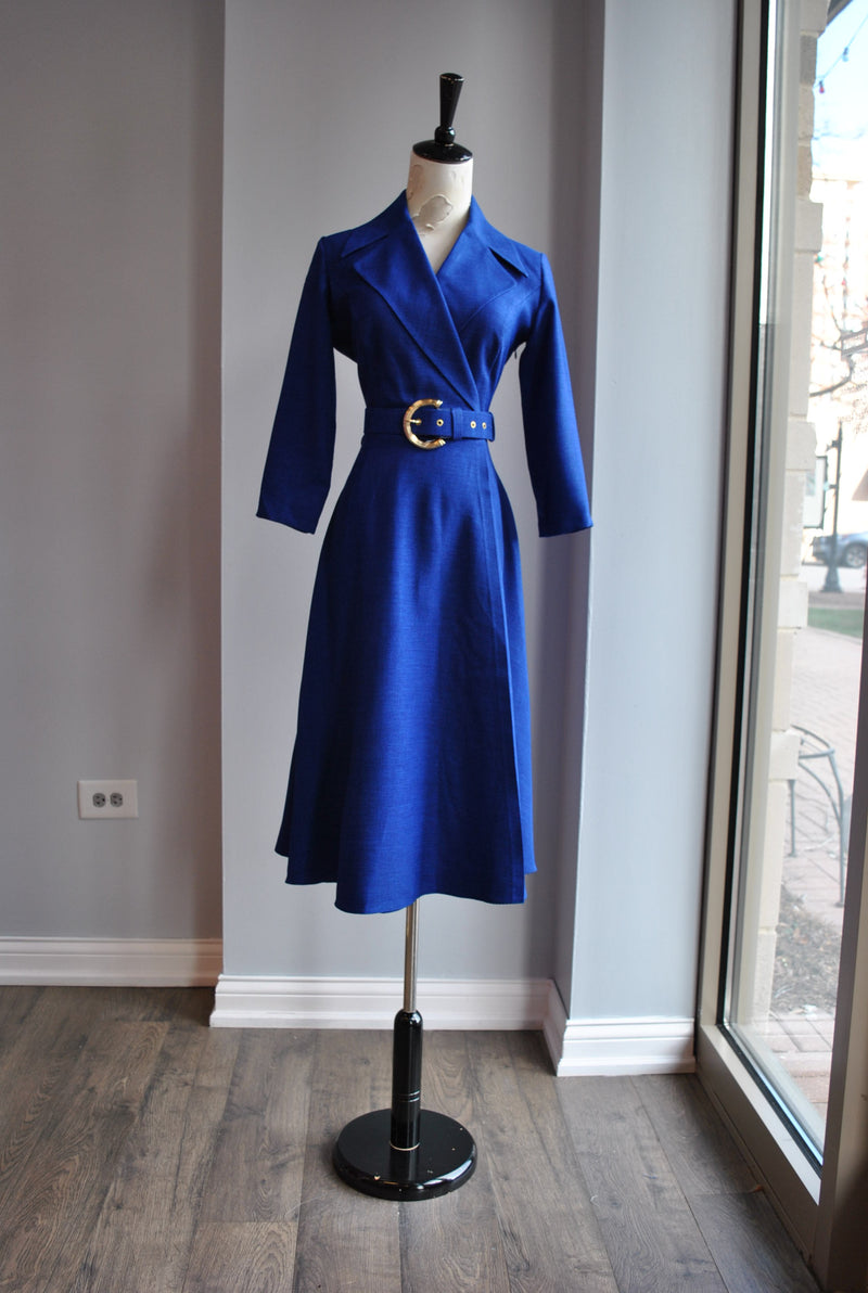 ROYAL BLUE MIDI FIT AND FLAIR DRESS WITH A BELT AND SIDE POCKETS