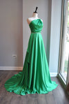 EMERALD GREEN LONG EVENING GOWN WITH CRYSTALS