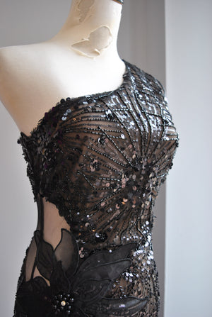 BLACK SEQUIN MINI ASYMMETRIC PARTY DRESS