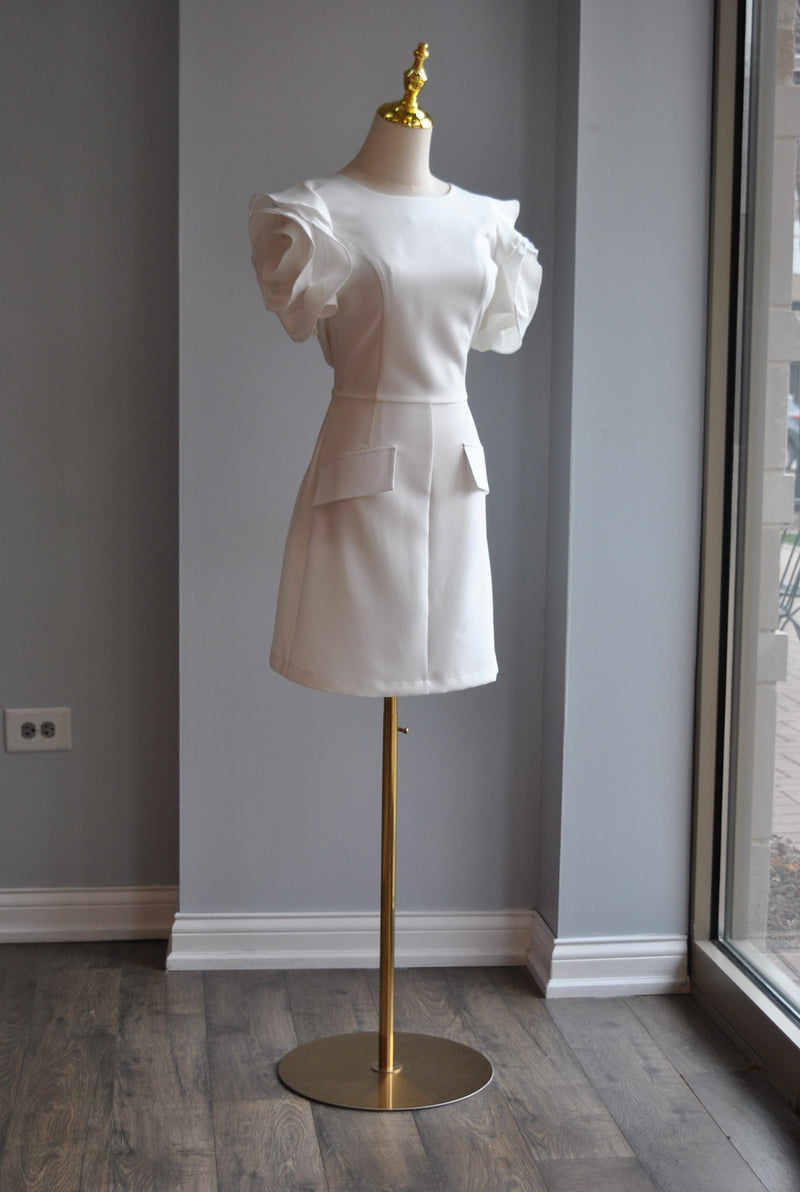 WHITE MINI COCKTAIL DRESS WITH FLOWER SLEEVES