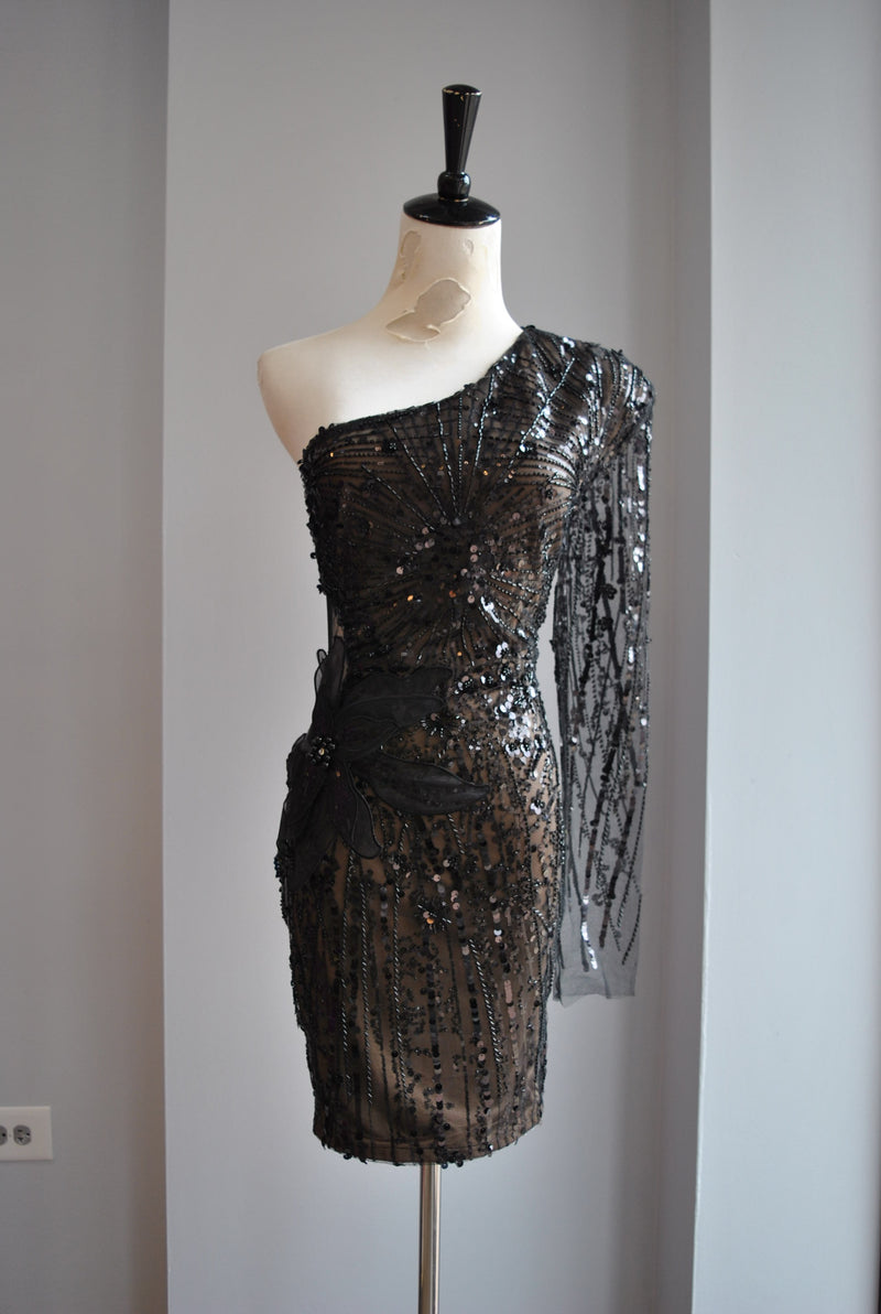 CLEARANCE - BLACK SEQUIN MINI ASYMMETRIC PARTY DRESS Le Obsession Boutique CLEARANCE - BLACK SEQUIN MINI ASYMMETRIC PARTY DRESS Le Obsession Boutique