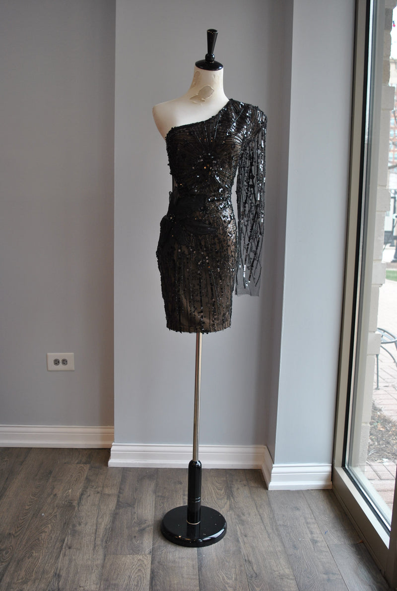 BLACK SEQUIN MINI ASYMMETRIC PARTY DRESS