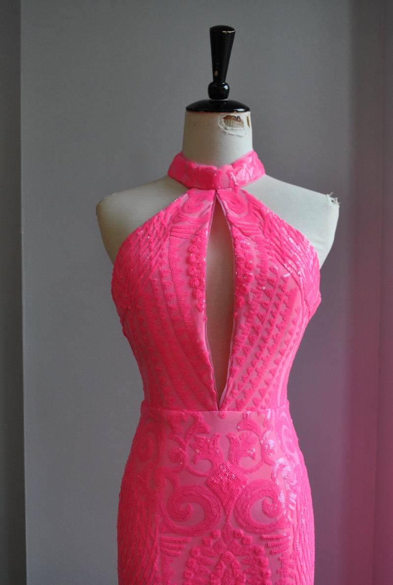 HOT PINK SEQUIN LONG EVENING GOWN