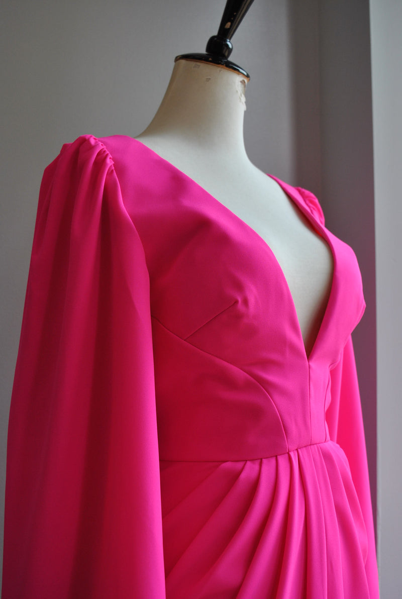 HOT PINK EVENING GOWN WITH LONG SLEEVES