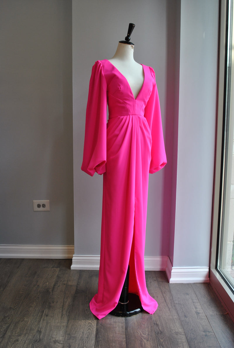 CLEARANCE - HOT PINK EVENING GOWN WITH LONG SLEEVES Le Obsession Boutique CLEARANCE - HOT PINK EVENING GOWN WITH LONG SLEEVES Le Obsession Boutique
