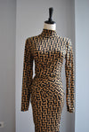 BLACK AND COGNAC PRINT FIT EVERYDAY DRESS WITH HIGH NECK AND SIDE RUSHING