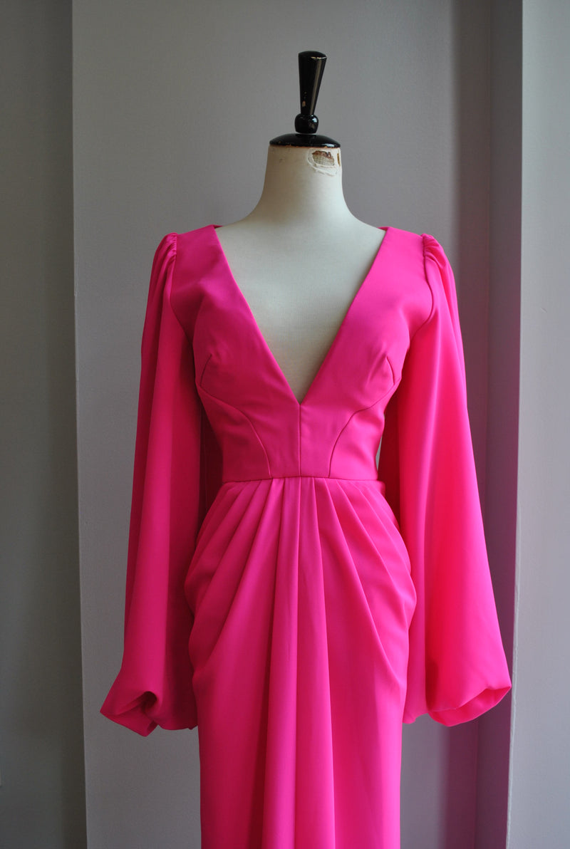 CLEARANCE - HOT PINK EVENING GOWN WITH LONG SLEEVES Le Obsession Boutique CLEARANCE - HOT PINK EVENING GOWN WITH LONG SLEEVES Le Obsession Boutique