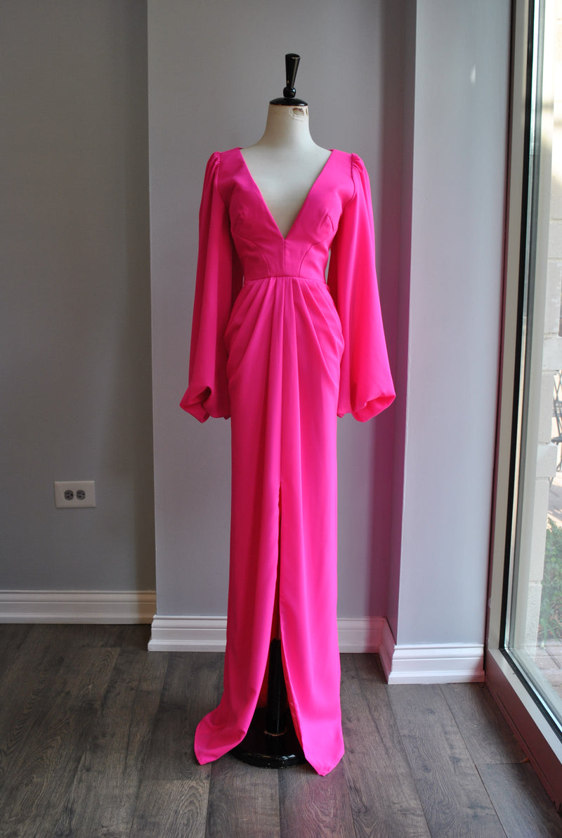 CLEARANCE HOT PINK EVENING GOWN WITH LONG SLEEVES