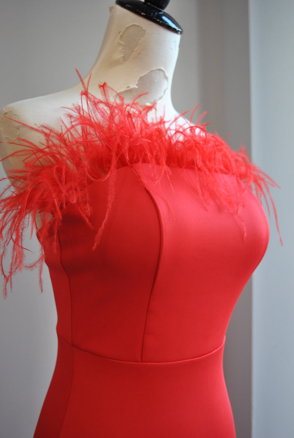 RED EVENING LONG GOWN WITH FEATHERS