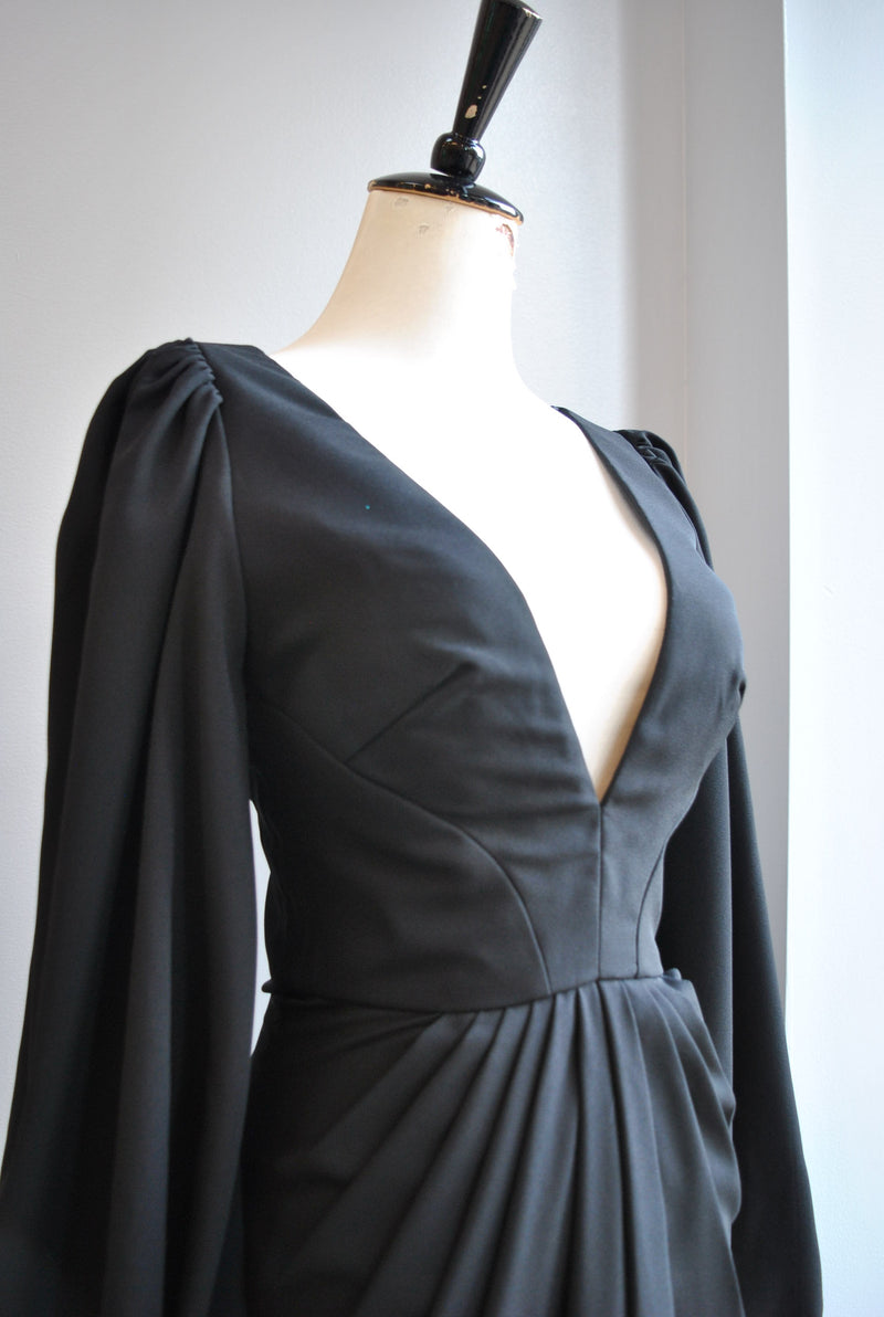 CLEARANCE - BLACK LONG EVENING GOWN WITH BELL SLEEVES