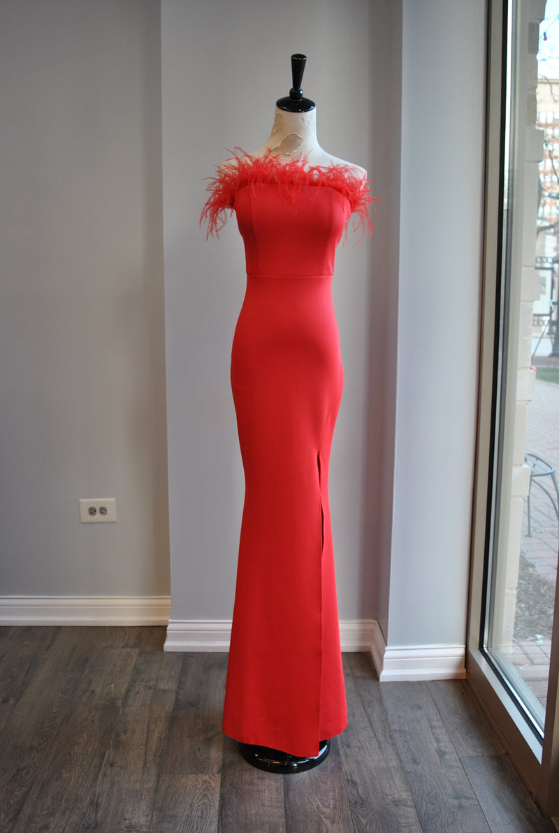 RED EVENING LONG GOWN WITH FEATHERS