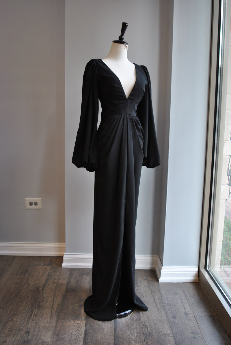 CLEARANCE - BLACK LONG EVENING GOWN WITH BELL SLEEVES