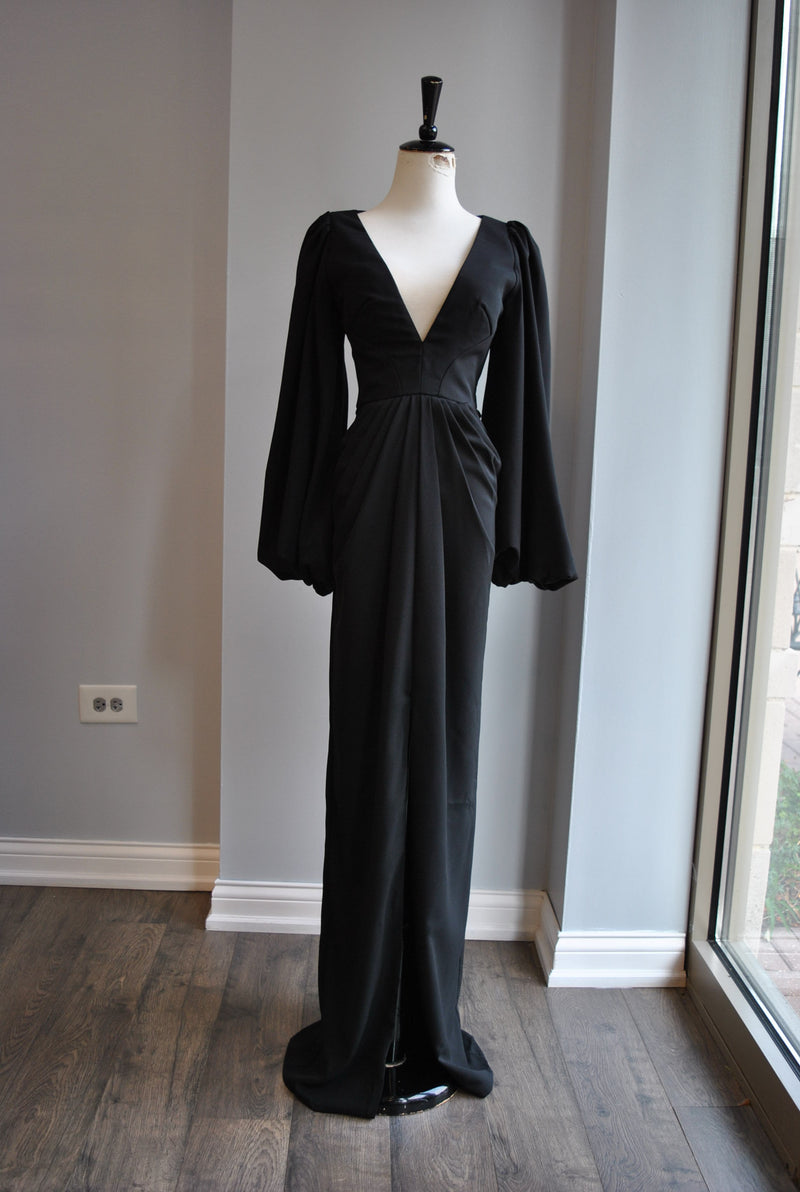 CLEARANCE - BLACK LONG EVENING GOWN WITH BELL SLEEVES