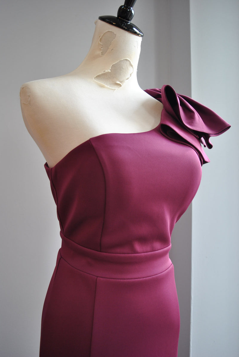 PLUM COLOR LONG EVENING DRESS WITH SIDE BOW