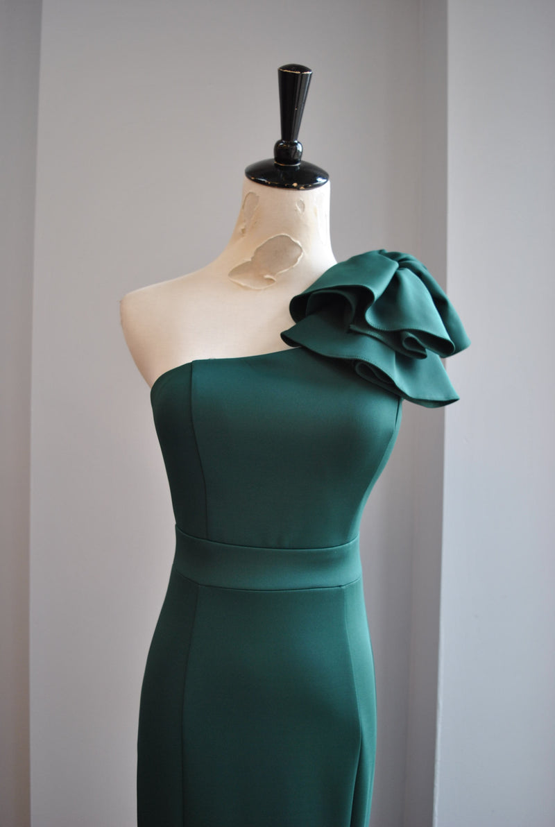 FOREST GREEN LONG EVENING DRESS WITH SIDE BOW
