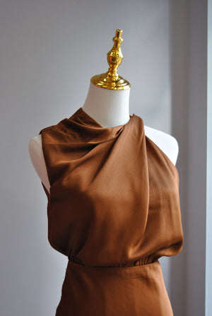 COPPER SILKY MIDI HALTER STYLE DRESS WITH BACK TIE