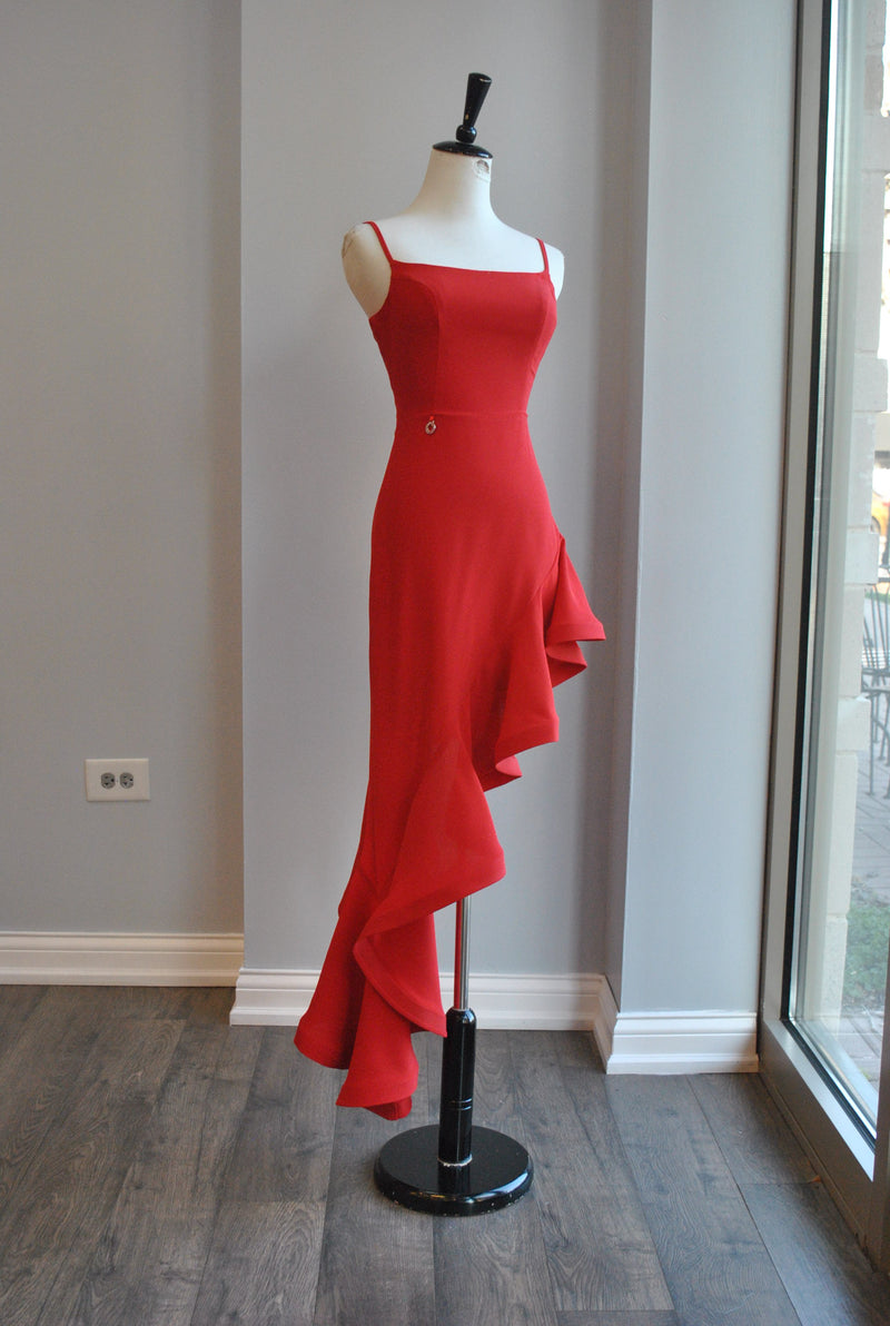 RED ASYMMETRIC DRESS WITH RUFFLES