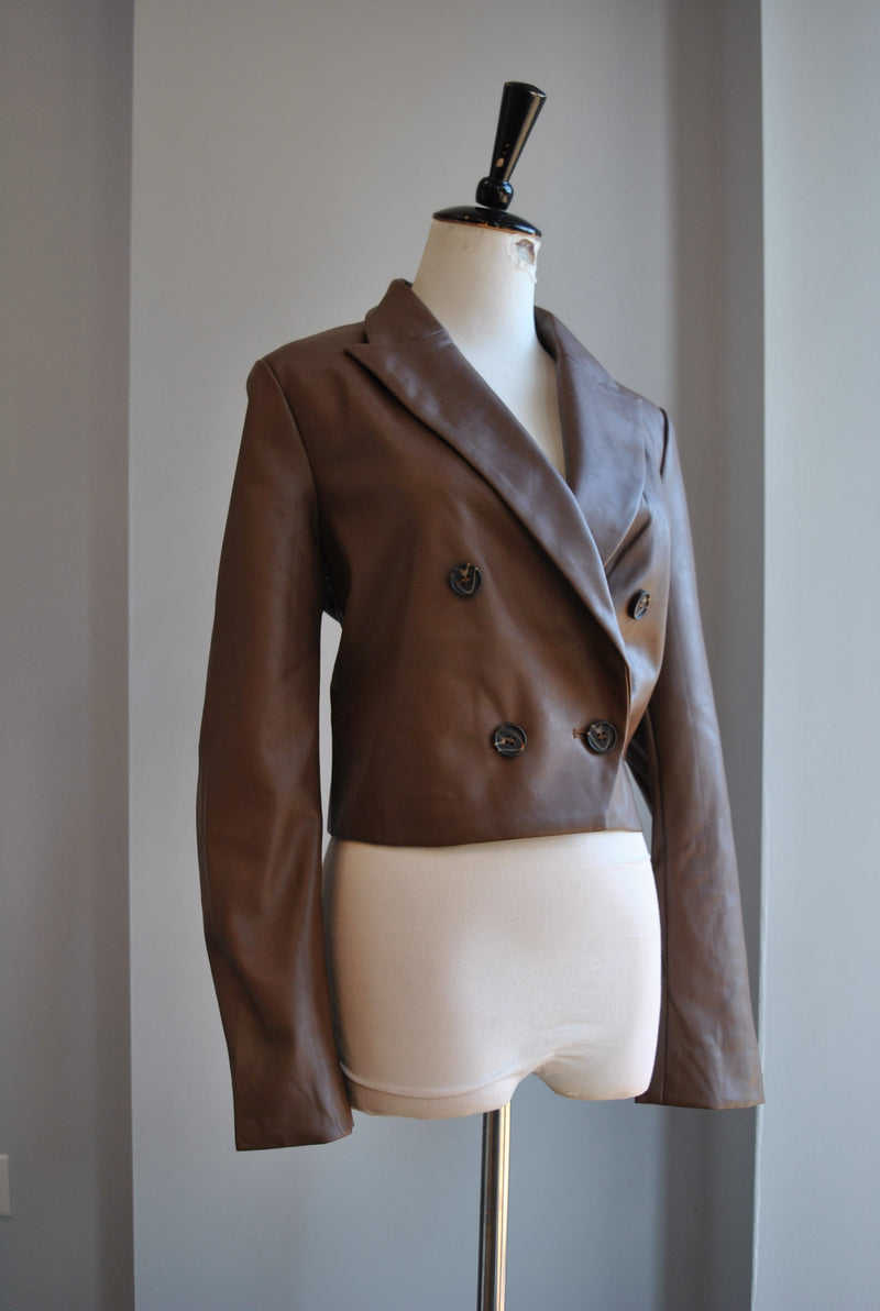 CHOCOLATE BROWN CROPPED FAUX LEATHER JACKET