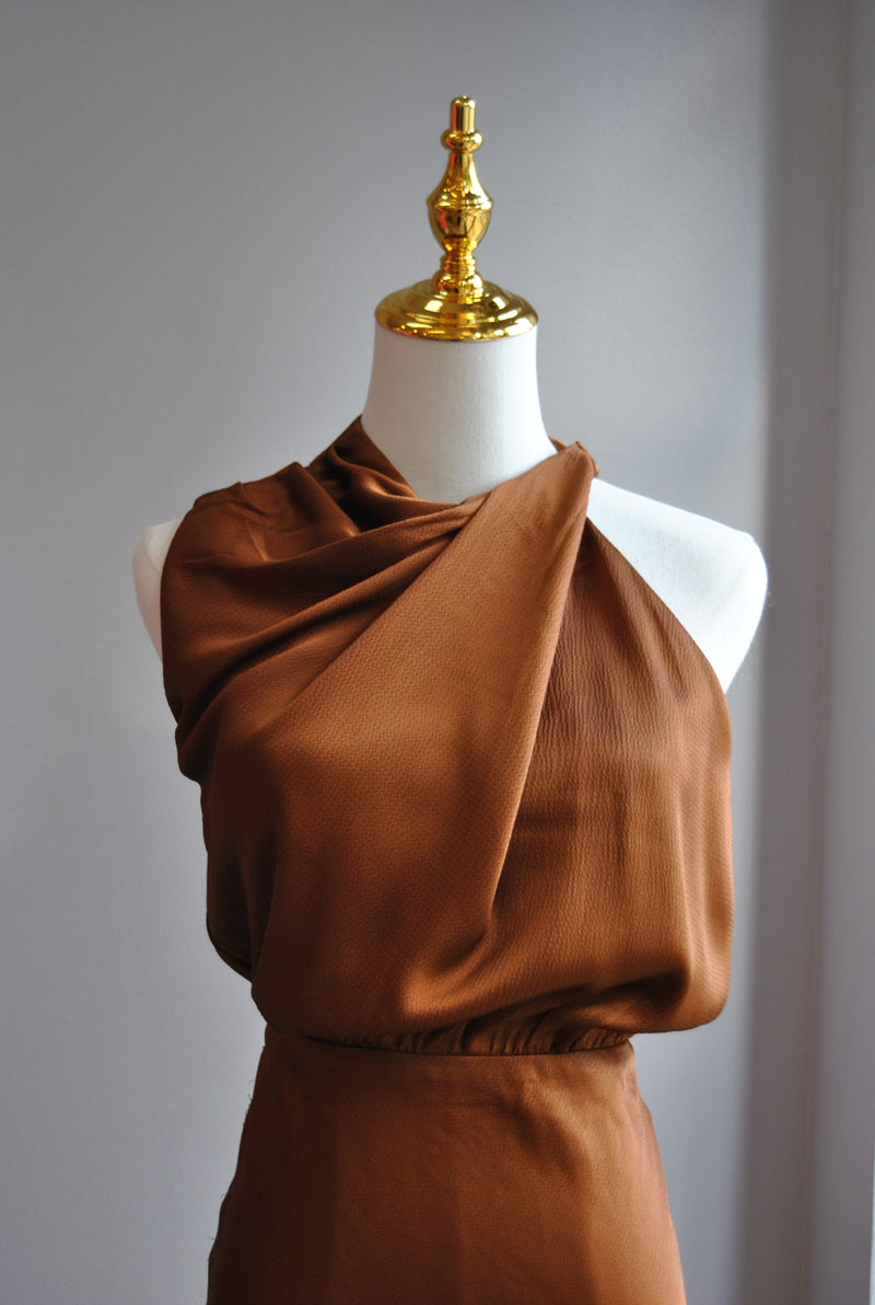 COPPER SILKY MIDI HALTER STYLE DRESS WITH BACK TIE