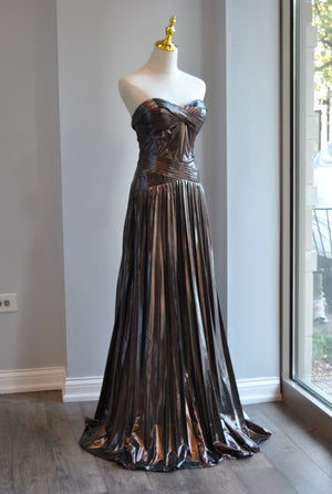 GUNMETAL LONG EVENING STRAPLESS PLEATED DRESS