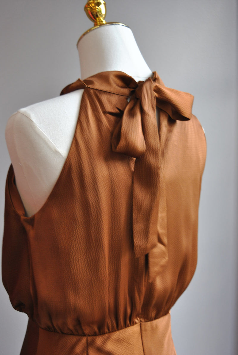 COPPER SILKY MIDI HALTER STYLE DRESS WITH BACK TIE