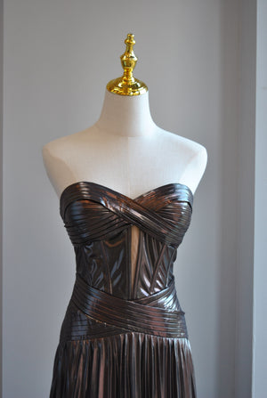 GUNMETAL LONG EVENING STRAPLESS PLEATED DRESS