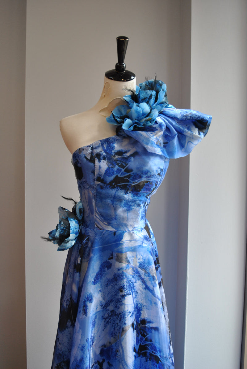 ROYAL BLUE OMBRE ASYMMETRIC LONG DRESS WITH FLOWERS