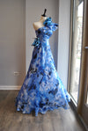 ROYAL BLUE OMBRE ASYMMETRIC LONG DRESS WITH FLOWERS