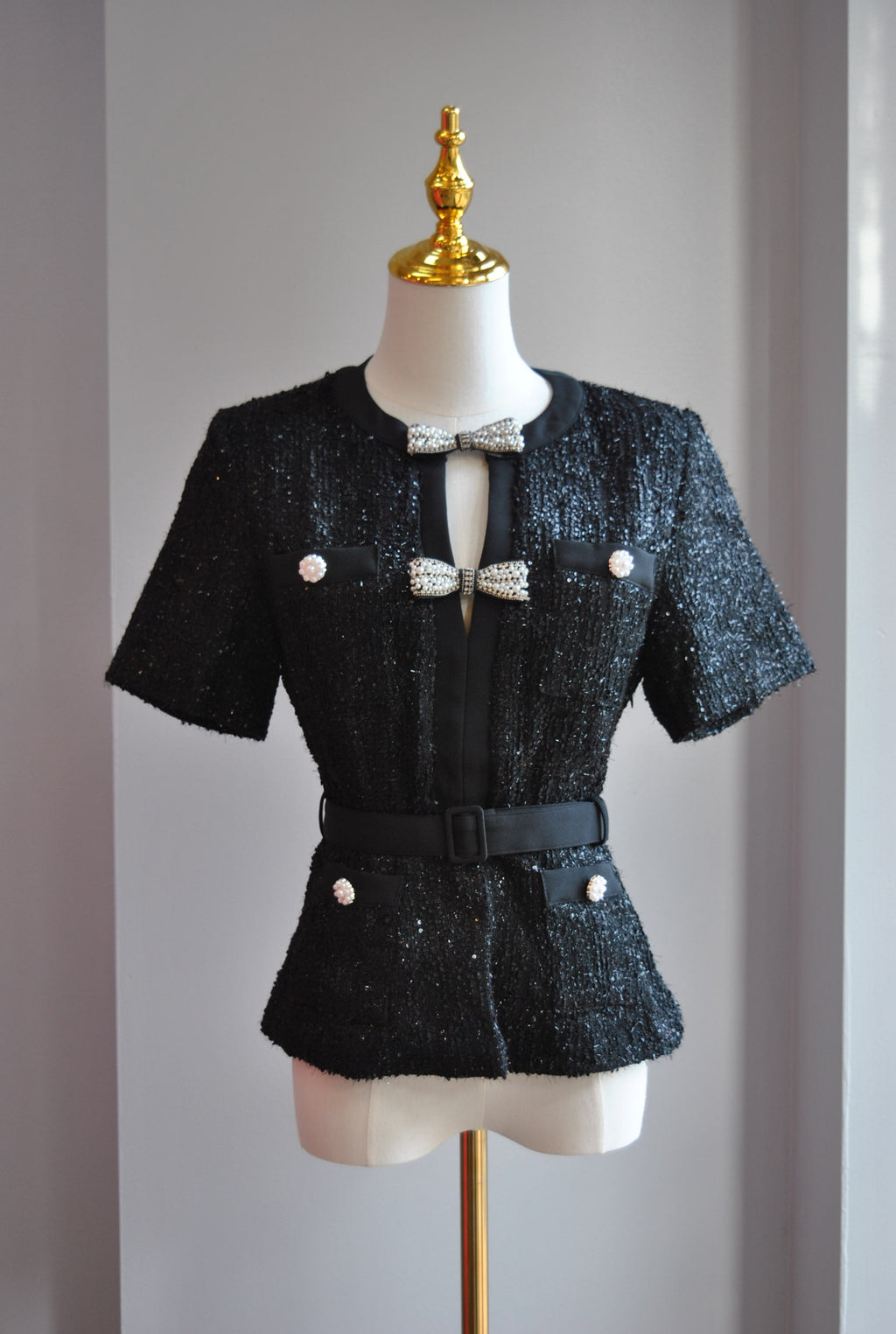 BLACK TWEED WITH SEQUINS AND PEARLS PEPLUM STYLE TOP