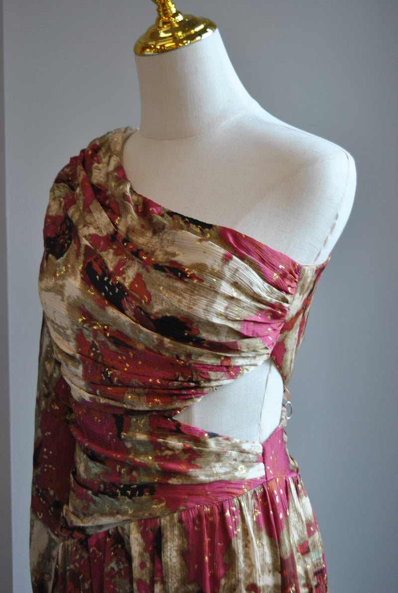 BURGUNDY MULTI FLOWY ASYMMETRIC LONG DRESS