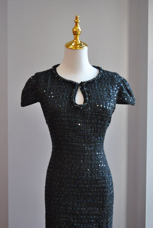 BLACK TWEED WITH SEQUIN MIDI DRESS