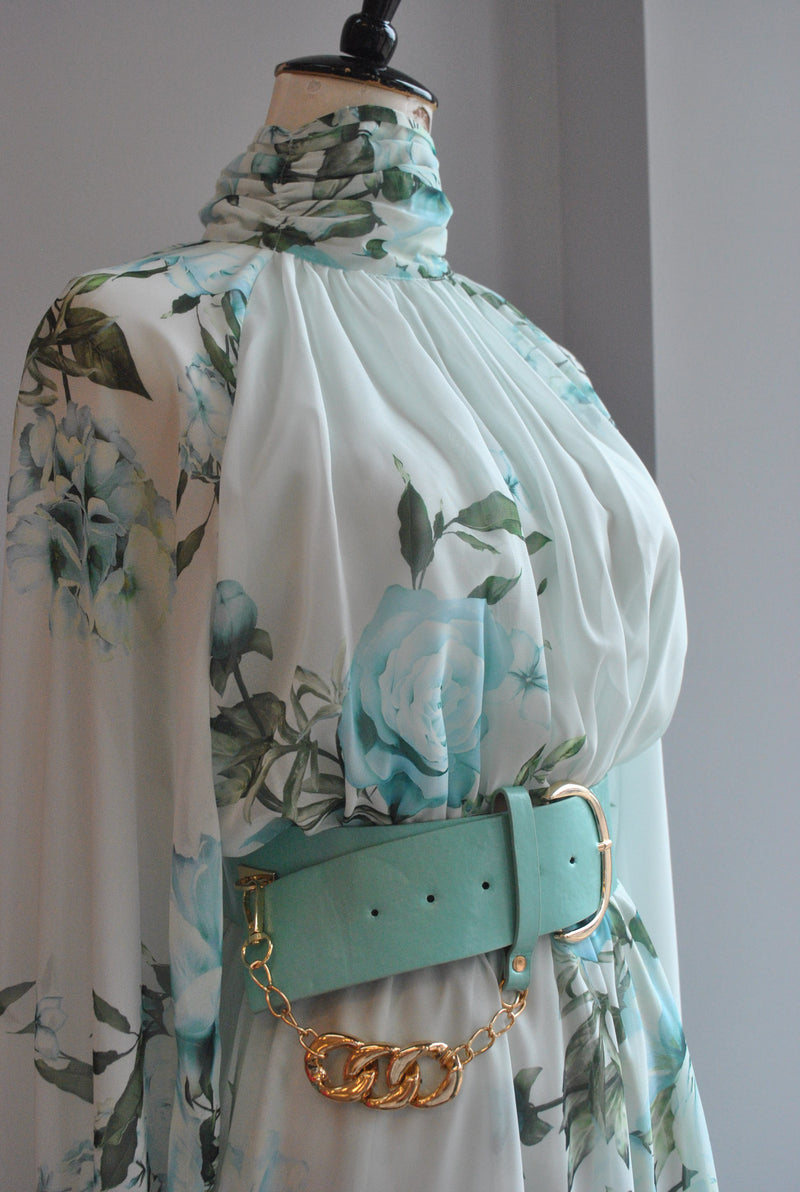 MINT MULTI MIDI DRESS WITH A BELT AND HIGH NECK